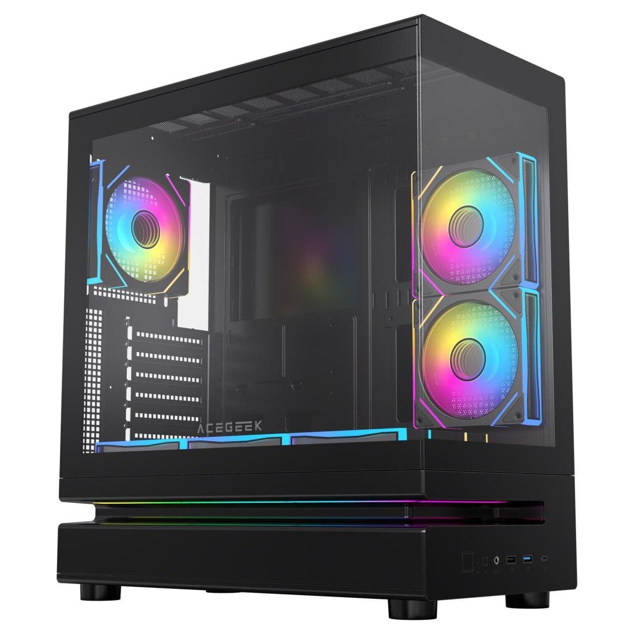 Acegeek Clearion Black ATX Gaming Case, Dual Tempered Glass, Front Type-C, Pre-Installed 6x ARGB Fans | AG-CLEARION-BK – Buy Online