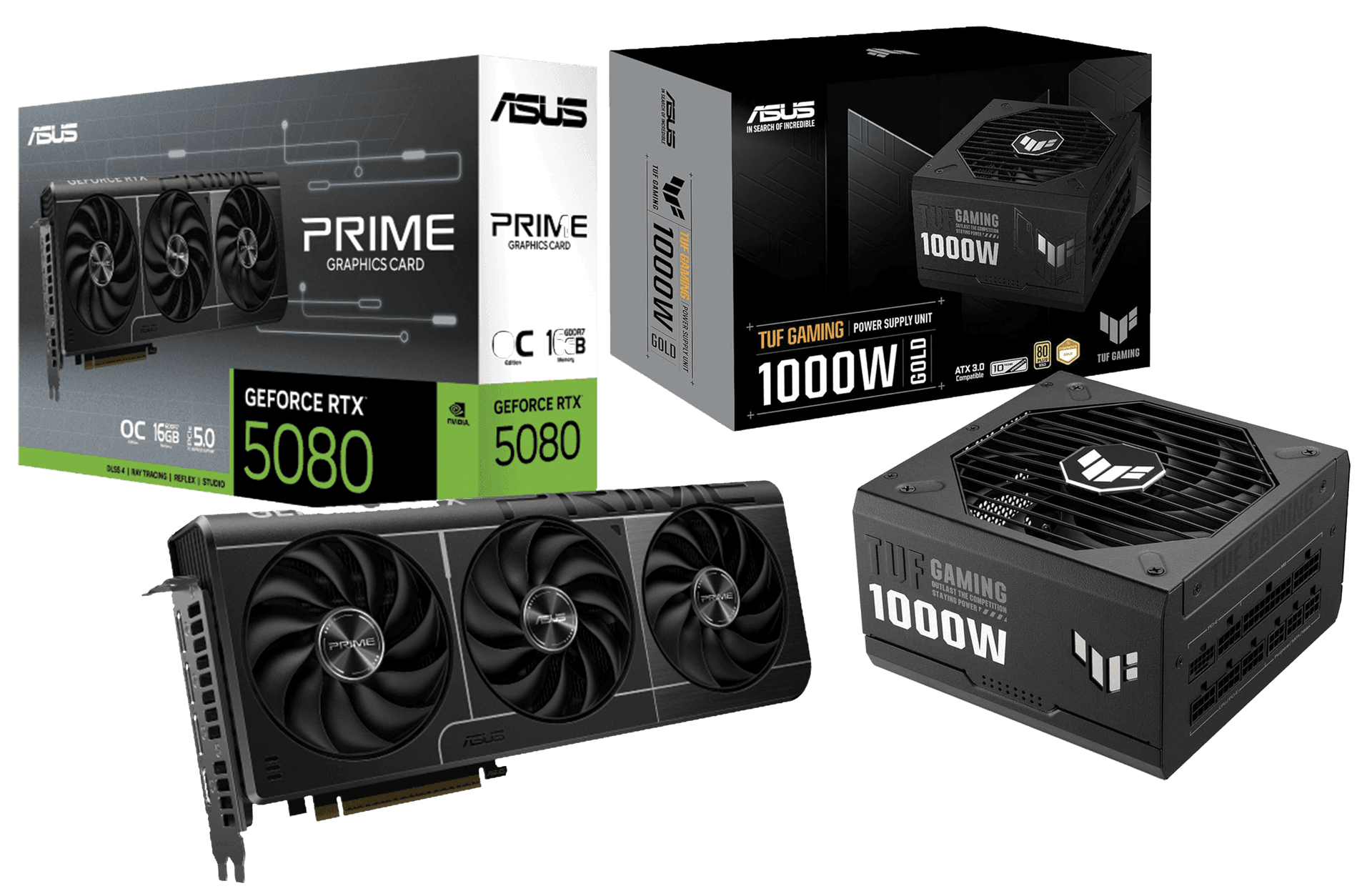 ASUS PRIME GeForce RTX 5080 16GB OC Edition GDDR7 Graphics Card, TUF Gaming 1000W 80 Plus Gold ATX 3.0 Power Supply, PC Upgrade Bundle – Buy Online