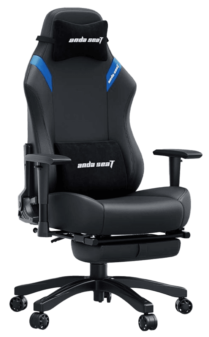 AndaSeat Luna Pro Series Large Ergonomic Gaming & Office Chair with Retractable Footrest, Premium Breathable PVC Leather, 55kg/m³ One-Piece Molded Foam, 90°–160° Reclining Backrest, Removable Lumbar & Headrest Pillows, 1D Armrests, Class-4 Gas Lift, Black & Blue | AD18T-44-BS-PV – Buy Online