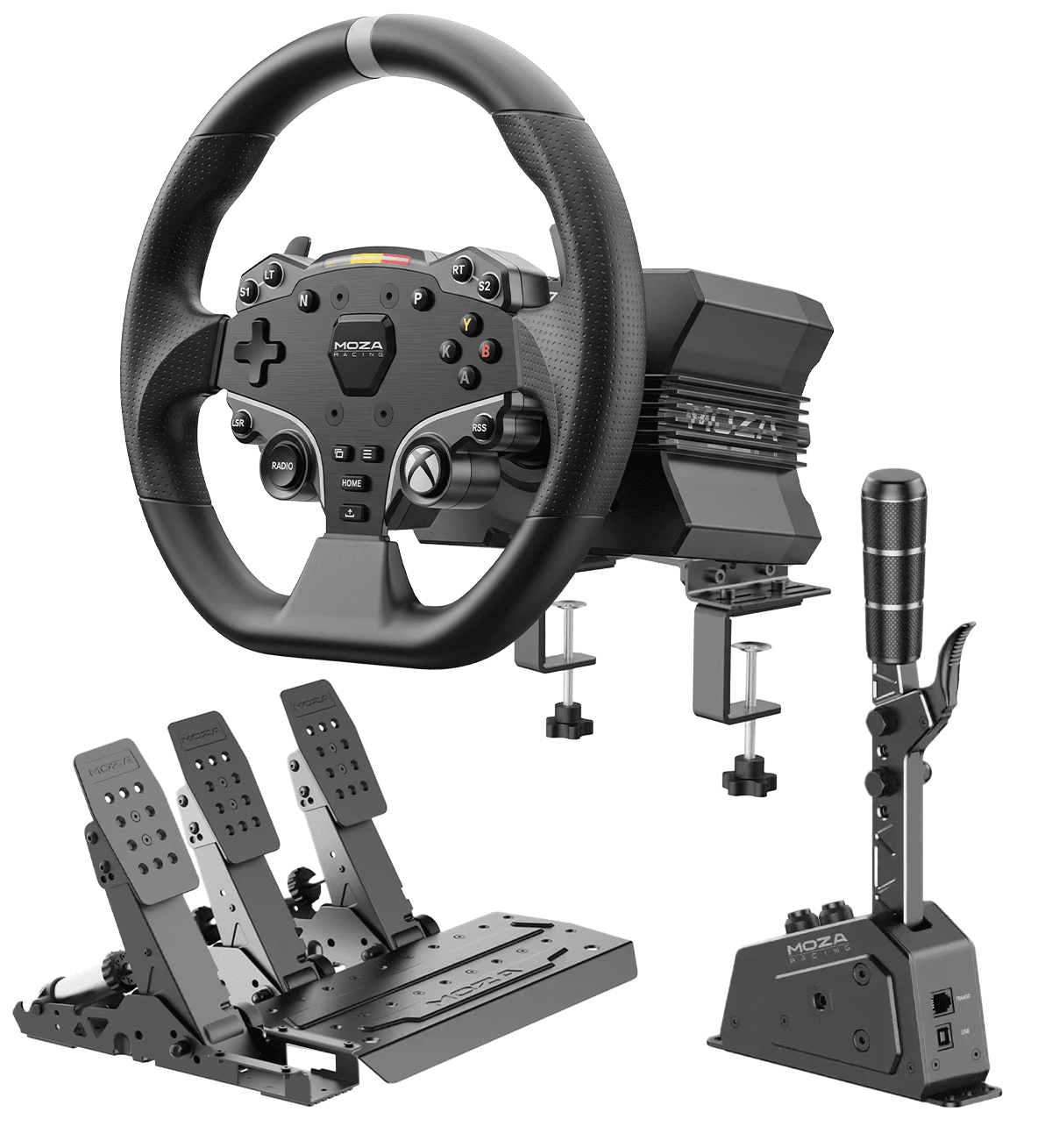 Full Desk Sim Racing Setup, MOZA R9 V3 9Nm Direct Drive Wheel Base, ESX Wheel, SR-P2 Pedals & Clutch, SGP Sequential Shifter, RS12 Table Mount – Buy Online