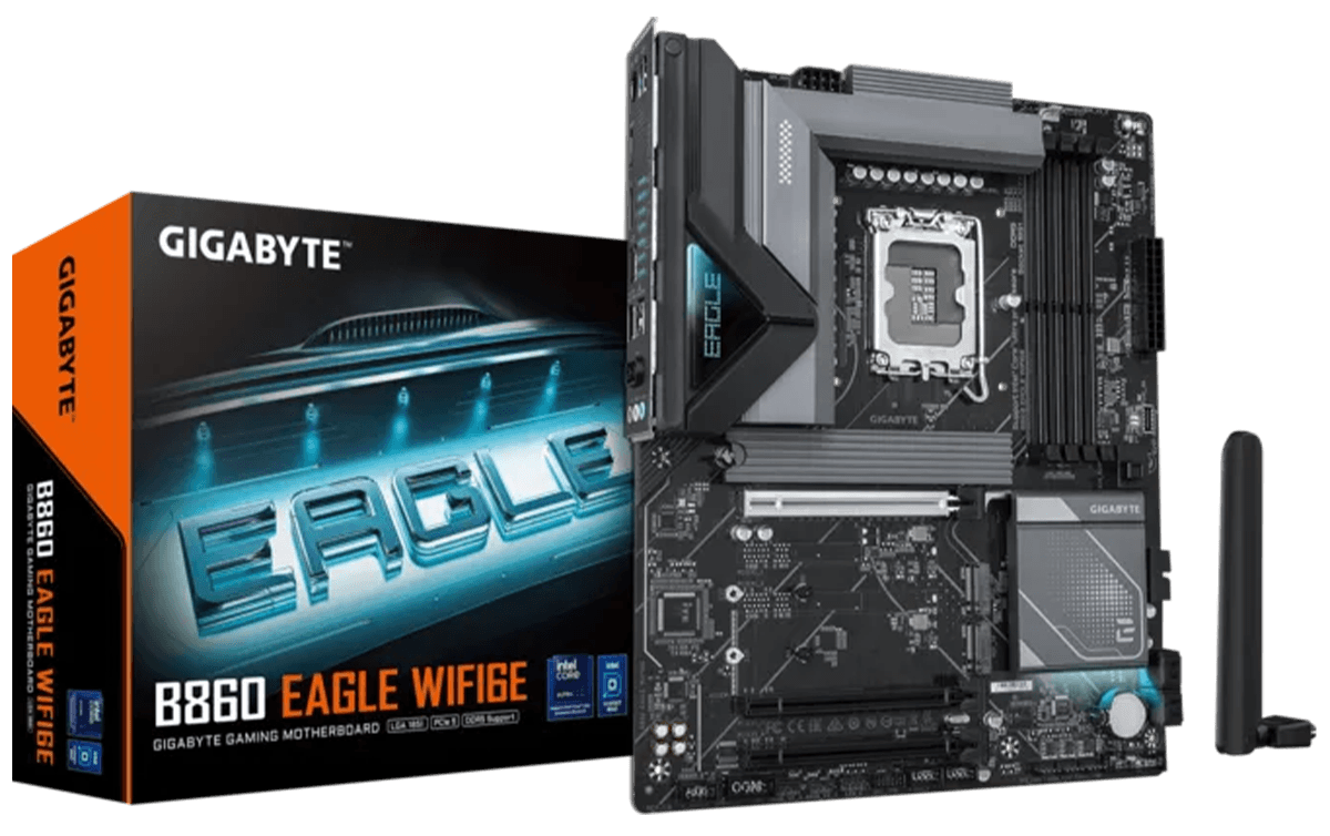 GIGABYTE B860 EAGLE WIFI6E LGA 1851 ATX Gaming Motherboard | Intel B860 Chipset, 12+1+2+1 Digital VRM, 4x DDR5 Slots (Up to 9066MHz & 256GB), PCIe 5.0 x16, 3x M.2 Slots, Wi-Fi 6E, 2.5GbE LAN, USB-C | B860 EAGLE WIFI6E – Buy Online