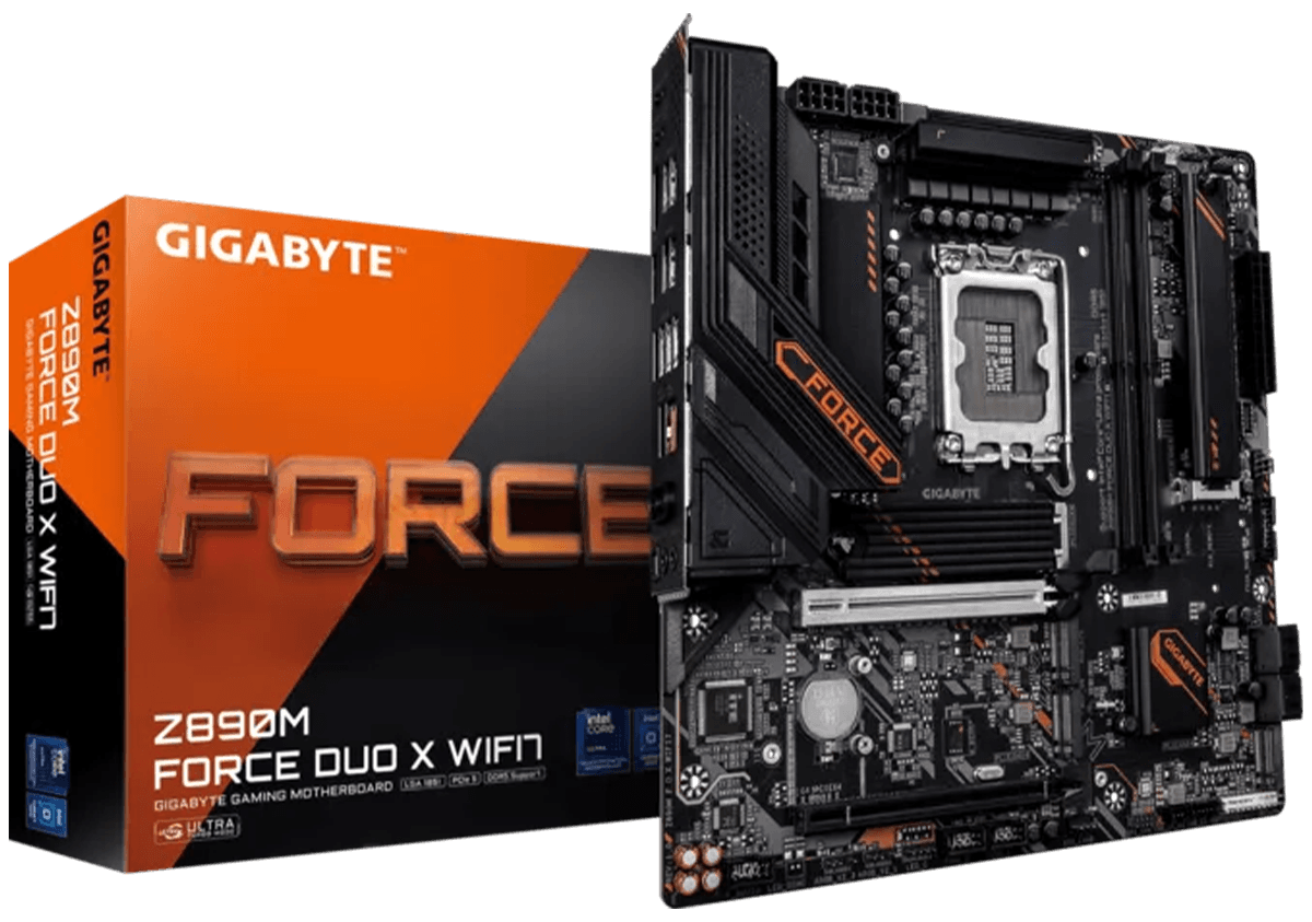 GIGABYTE Z890M FORCE DUO X WIFI7 LGA 1851 Micro-ATX Gaming Motherboard, Intel Z890 Chipset, D5 DUO X 2-DIMM DDR5 (Up to 9733+ MT/s & 256GB CQ-DIMM), Ultra Turbo Mode, 12+1+2 60A VRM, PCIe 5.0 x16 UD Slot, 5x M.2 Slots, Wi-Fi 7, 5GbE LAN & USB4 | Z890M F D X WIFI7 – Buy Online
