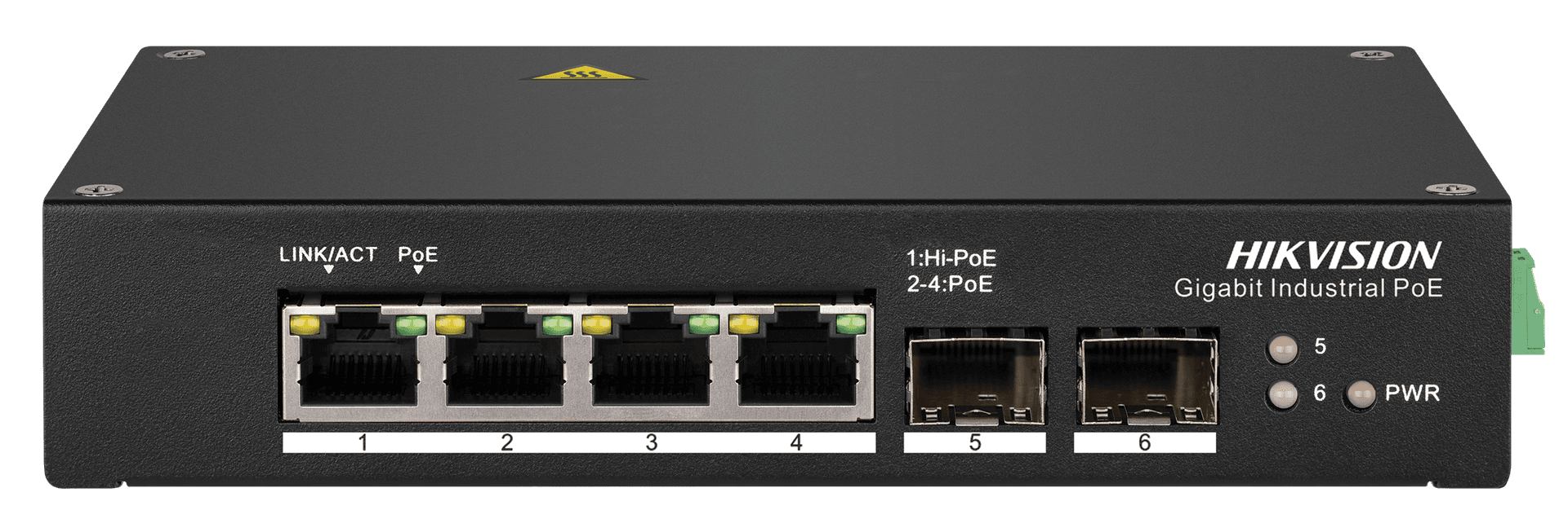 Hikvision DS-3T0506HP 6-Port Gigabit Industrial Hi-PoE Switch, 4x PoE Ports (110W, 90W Hi-PoE), 2x Gigabit SFP, DIN Rail, -40°C to 75°C | DS-3T0506HP – Buy Online