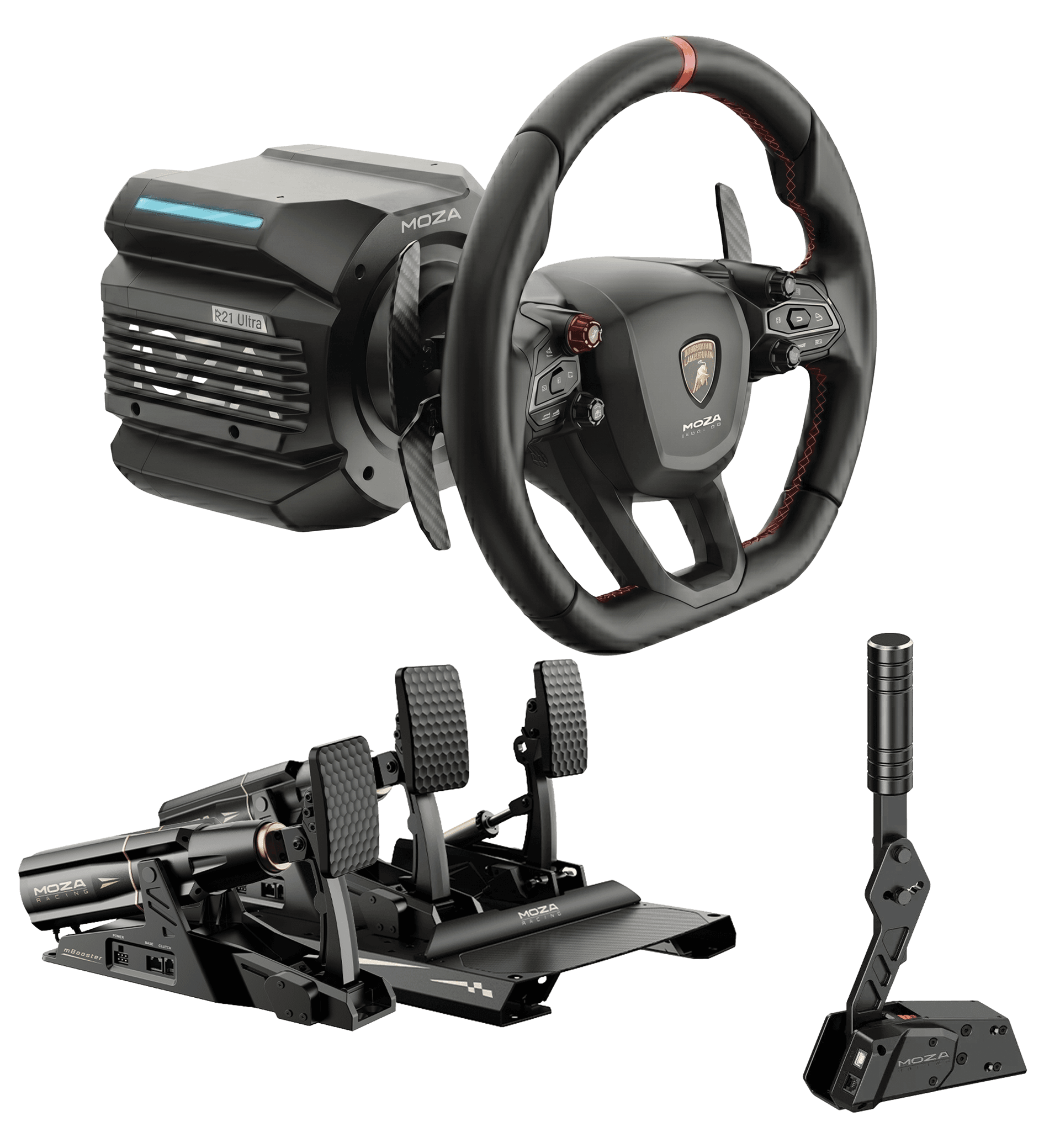 MOZA Racing R21 Ultra Direct Drive Sim Racing Bundle, RS090 21Nm Wheel Base, RS096 Lamborghini Revuelto Wheel, RS082 mBooster Pedal Set with CRP2 Throttle, RS076 mBooster Active Pedal & RS31 HBP Handbrake, Complete PC Sim Racing Setup – Buy Online