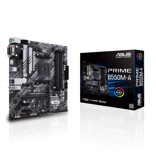 ASUS PRIME B550M-A AMD B550 (Ryzen AM4) micro ATX Motherboard, with dual M.2, PCIe 4.0, 1 Gb Ethernet, HDMI/D-Sub/DVI, SATA 6 Gbps, USB 3.2 Gen 2 Type-A, and Aura Sync RGB headers support | 90MB14I0-M0EAY0 – Buy Online