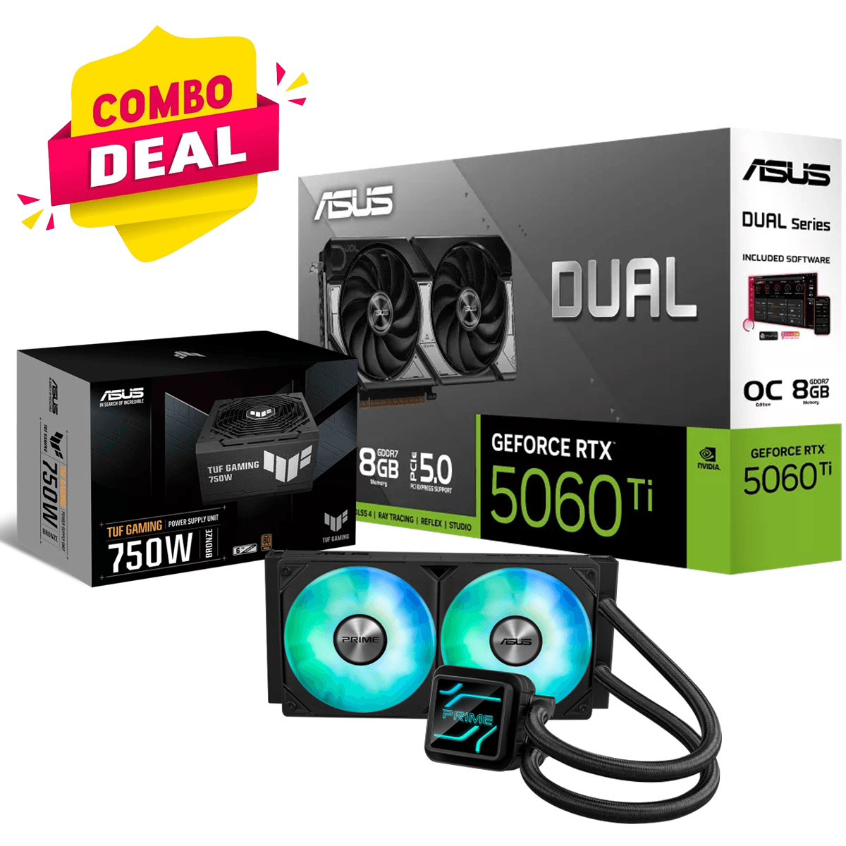 ASUS Triple Element Gaming Bundle, Dual RTX 5060 Ti OC 8GB GDDR7 + TUF 750W Bronze PSU + Prime LC 240 ARGB AIO Liquid Cooler Black – Buy Online