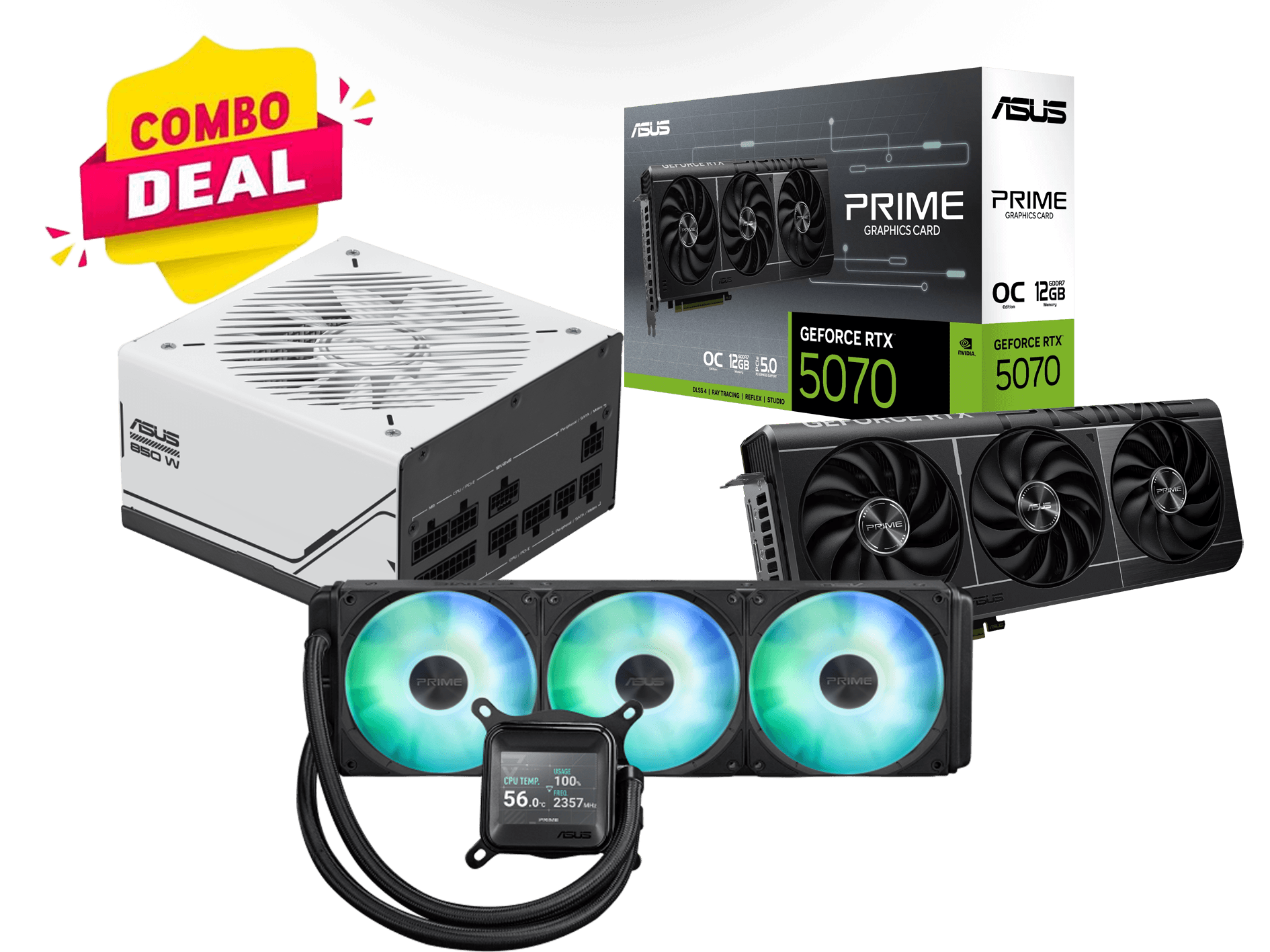 ASUS Prime RTX 5070 OC Edition 12GB GDDR7 Graphics Card, Prime LC 360 ARGB LCD CPU Liquid Cooler & Prime 850W ATX 3.1 Gold PSU 3-in-1 PC Hardware Combo Deal – Buy Online
