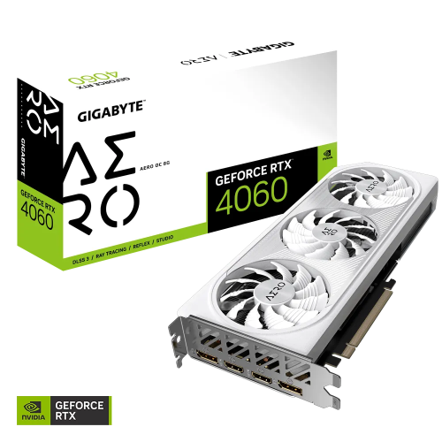 GIGABYTE GeForce RTX 4060 AERO OC Graphics Card, 8GB GDDR6 128 bit Memory, 2550 MHz Core Clock, 17Gbps Memory Speed, 3072 CUDA Cores, PCI-E 4.0, DP.4a*2 / HDMI 2.1ax2, White | GV-N4060AERO OC-8GD