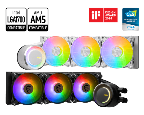 MAG CORELIQUID E360 / WHITE AIO RGB CPU Liquid Cooler, 360mm Radiator, 3 x 120mm ARGB PWN Fans, 3000 RPM ± 10%, Fluid Dynamic Bearing| 306-7ZW6E27-C24