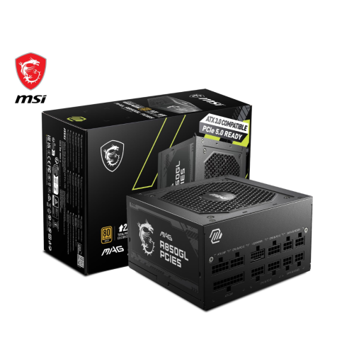MSI MAG A850GL PCIE5 850W Modular Power Supply, Intel ATX12V Version 3.0, 120mm Cooling Fan, 80 Plus Gold Efficiency Rating, 4 x PCIe 6+2-Pin Connectors, 8 x SATA Connectors, Black | 306-7ZP8A18-CE0