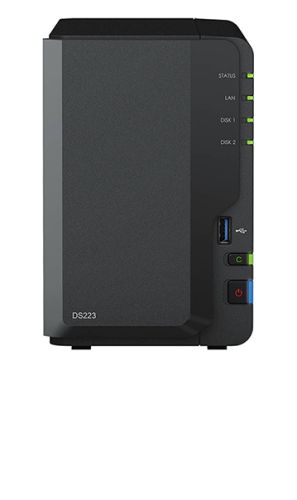 Synology DiskStation DS223 2-Bay NAS Enclosure, Realtek RTD1619B 1.7Ghz, 2x 3.5"/2.5" SATA Drive Bays, RJ45 LAN Port, 3x USB 3.2 Ports, Black | DS223