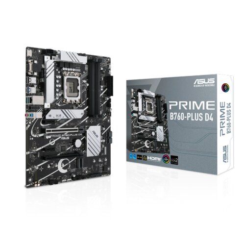ASUS Prime B760-PLUS D4 LGA 1700 ATX Motherboard, PCIe 5.0, 3x PCIe 4.0 M.2 slots, DDR4, Realtek 2.5Gb Ethernet, DisplayPort, VGA, HDMI, SATA 6 Gbps, USB 3.2 Gen 2x2 Type-C, front USB 3.2 Gen 1 Type-C, Thunderbolt (USB4),  Aura Sync | 90MB1CW0-M0EAY0