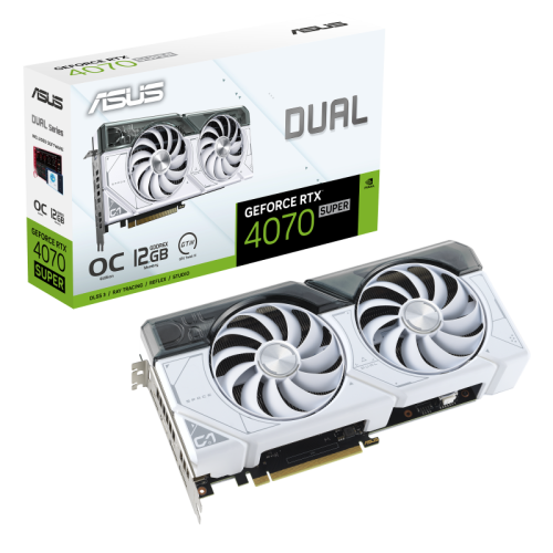 ASUS Dual GeForce RTX 4070 SUPER White OC Edition 12GB GDDR6X Graphic card, 192-bit, 7168 CUDA Cores, PCI E 4.0, 2550 MHz (Boost Clock) | 90YV0K84-M0NA00