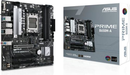 ASUS PRIME B650M-A  AMD B650 Micro-ATX motherboard, DDR5, PCIe 5.0 M.2 support, Realtek 2.5Gb Ethernet, Wi-Fi 6, DisplayPort, VGA, HDMI, SATA 6 Gbps, USB 3.2 Gen 2 ports, front USB 3.2 Gen 1 Type-C, BIOS FlashBack, Aura Sync
