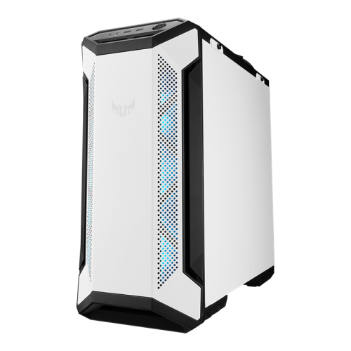 ASUS TUF Gaming GT501 White Edition case supports up to EATX with metal front panel, tempered-glass side panel, 120 mm RGB fan, 140 mm PWM fan, radiator space reserved, and USB 3.1 Gen 1,