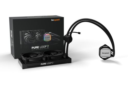 Be Quiet! Pure Loop 2 240mm CPU Liquid Cooler, 2x Pure Wings 3 120mm PWM High-Speed Fans, 2100 RPM Fan Speed, 5500 RPM Pump Speed, 59.6 CFM Airflow, Copper / Nickel Plated Case Material, Black | BW017