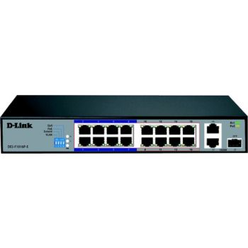 
D-Link 16 Port 10100 Base-T Unmanaged PoE+ Surveillance Switch, Long Range 250m, 2 Gigabit Ports With 1 Combo (RJ45SFP), 150 Watts  DES-F1016P-EB