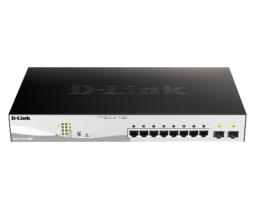 D-Link 10-Port Gigabit Smart Managed PoE Switch, 8 x 10/100/1000BASE-T PoE ports, 2 x Gigabit SFP ports, Advanced L2 switching and security features L2+ Static Routing, 130W PoE budget | DGS-1210-10MP