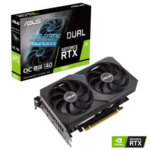 Asus Dual GeForce RTX 3050 OC Edition Graphics Card, 8GB GDDR6 128 Bit Memory, PCI Express 4.0 Bus, 2560 Cuda Cores, 14 Gbps, 2 Slot, 1852 MHz Engine Clock, OpenGL 4.6 | 90YV0HH0-M0NA00