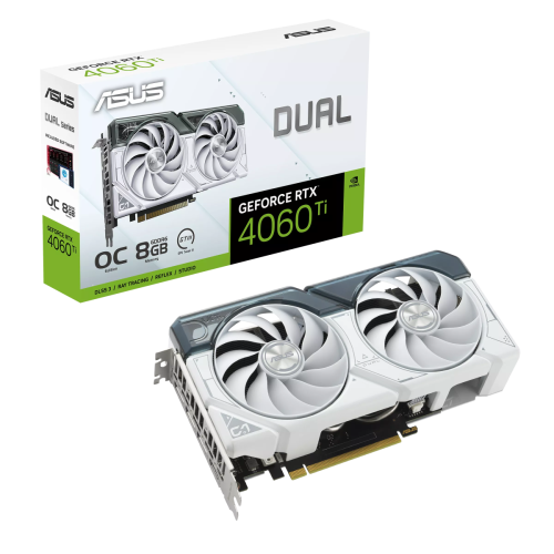 ASUS Dual GeForce RTX™ 4060 Ti White OC Edition 8GB GDDR6 with two powerful Axial-tech fans and a 2.5-slot design for broad compatibility | 90YV0J42-M0NA00