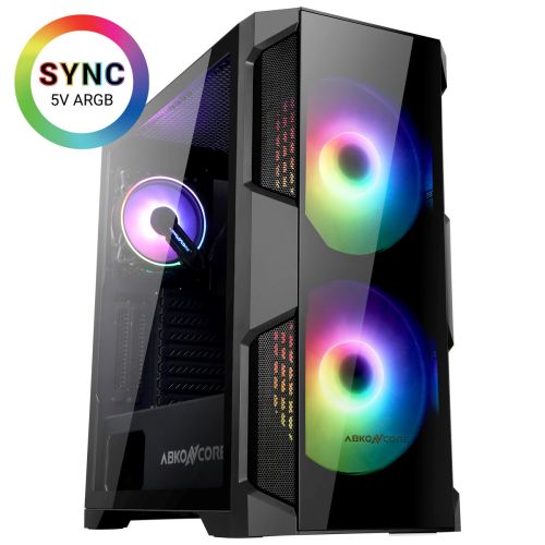 ABKONCORE H500G SYNC Helios 500G mid-tower computer case with synchronized backlight (5V), two pre-installed 200 mm SPECTRUM fans in the front and one 120 mm in the rear, and tempered glass front and side panels.