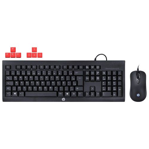 HP KM100 Gaming Wired Keyboard and Mouse, 104 Keys, 8x RED Replaceable Keys, Water-Proof Design, Infrared Optical Tracking, Up to 1600 DPI, 1.5m Cable Length, English Layout, Black  1QW64AA#UUF-ENG