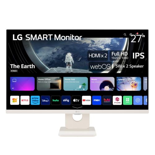 LG 27SR50F 27" Smart FHD IPS Monitor with webOS 23, HDR10, Screen Share, Wi-Fi / Bluetooth, 5Wx2 Stereo Speaker, Tilt Stand, Apple AirPlay 2 & HomeKit Compatibility, HDMI/USB Type-A, White