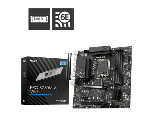 MSI Pro B760M-A Wifi Intel mATX Motherboard, LGA 1700 Socket, DDR5 Support, Wifi 6E / Bluetooth 5.3, B760 Chipset, 2.5 LAN, PCIe 4.0, HDMI | 911-7D99-021