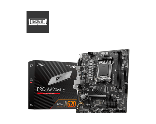 MSI PRO A620M-E AM5 mATX Motherboard, AMD A620 Chipset, 2x DDR5 / 96GB Max Memory, 1x PCI-E x16, 1x M.2, RTL8111H Gigabit LAN, 2x USB 3.2 Type-A, 1x HDMI / 1x VGA | 911-7E28-001