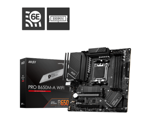MSI PRO B650M-A WIFI AM5 Micro-ATX Motherboard, AMD B650 Chipset, 4 x 2-Channel DDR5 Slots, 128GB Max Memory, Wi-Fi 6E, 2x PCI-E x16, 2x M.2, 1x HDMI, 1x DP, USB 23.2/2.0 | 911-7D77-001