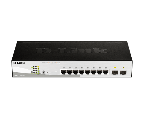 D-Link DGS-1210-10P 10-Port Gigabit Smart Managed PoE Switch, 8 x 10/100/1000BASE-T PoE ports, 2 x Gigabit SFP ports Advanced L2 switching and security features, L2+ Static Routing Optional standard mode or surveillance mode management user interface 