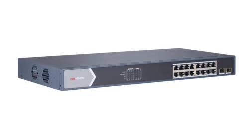 Hikvision DS-3E0518P-E/M 16 Port Gigabit Unmanaged PoE Switch, 16x Gigabit PoE port, 2x Gigabit SFP fiber optical port, IEEE 802.3at/af standard, IEEE 802.3, IEEE 802.3u, and IEEE 802.3x standard, 6 kV surge protection for PoE ports, PoE power management