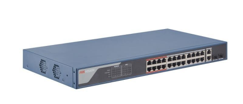 HIkvision DS-3E1326P-EI 24 Port Fast Ethernet Smart PoE Switch, 24 × 100 Mbps PoE RJ45 ports, 2 × gigabit combos, Network topology management, alarm push, network health monitor, 6 kV surge protection for PoE ports, AF/AT camera can reach up to 300 m