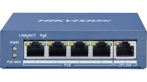 Hikvision DS-3E0505P-E 4 Port Gigabit Unmanaged PoE Switch, 4 x 10/100/1000 Mbps ethernet port and 1 x 10/100/1000 Mbps uplink ethernet port, Layer 2 network switch designed for video data transmission