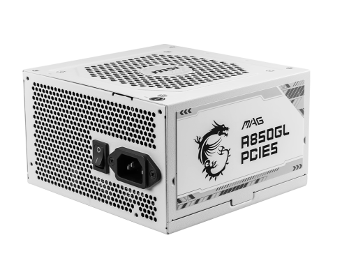 MSI MAG A850GL PCIE5 850W Modular Power Supply, Intel ATX12V Version 3.0, 120mm Cooling Fan, 80 Plus Gold Efficiency Rating, 4 x PCIe 6+2-Pin Connectors, 8 x SATA Connectors, White | 306-7ZP8A31-CE0