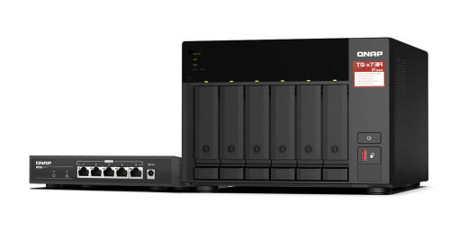 QNAP TS-673A + QSW-1105-5T Bundle Pack, 6-bay AMD Ryzen NAS with 5-Port 2.5G Switch, AMD Ryzen quad-core 2.2 GHz, 5x 2.5GbE connectivity, Flexible PCIe expansion, SSD cache acceleration, Supports QTS/QuTS hero OS | TS-673A-SW5T 6-BAY 