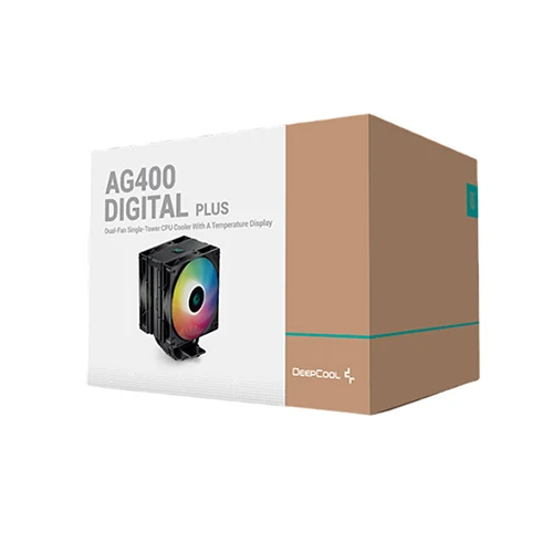 DeepCool AG400 DIGITAL PLUS Dual-Fan Single-Tower CPU Cooler With A Temperature Display, 120×120×25 mm , 500~2100 RPM+10% Speed, 06 mmx4 pcs Heatpipe, Hydro Bearing Type , Addressable RGB LED, Black |  AG400-BKADMP-G-1