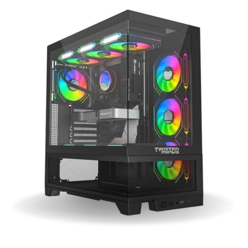 Twisted Minds Phantek-07 Mid Tower ATX Gaming PC Case, Tempered Glass Front & Side Panel + Mesh, 7x RGB Pre-installed Fans, 3.5″ HDD3+2.5″ SSD3 Up to 420mm AIO, USB 3.0  Type-C, Black  TM-245-3-B