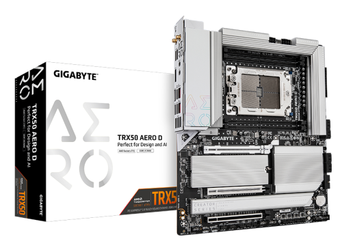 Gigabyte TRX50 AERO D sTR5 E-ATX Motherboard, AMD TRX50 Chipset, 4x DDR5 DIMM 1TB Max, PCIe 5.0 / 2x PCIe x16, 4xM.2, USB 3.2 / USB4 Type-C, Wi-Fi 7, Marvell 10GbE, White | TRX50 AERO D