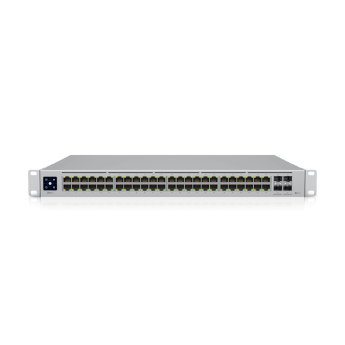 UA 48-port, Layer 3 switch supporting 10G SFP+ connections with fanless cooling, (48) GbE ports, DC power backup-ready, Layer 3 switching, Silent cooling  |USW-Pro-48-EU