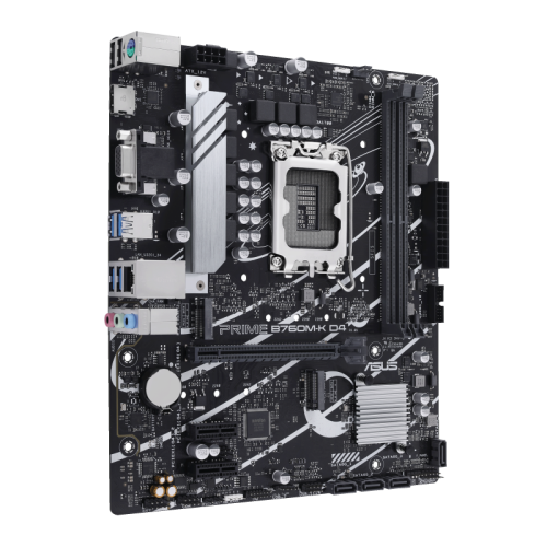 ASUS Prime B760M-K D4, an Intel® B760 LGA 1700 mATX motherboard with PCIe 4.0, two PCIe 4.0 M.2 slots, DDR4, Realtek 2.5Gb Ethernet, VGA, HDMI®, SATA 6 Gbps, front USB 3.2 Gen 1, Aura Sync|90MB1DS0-M0EAY0